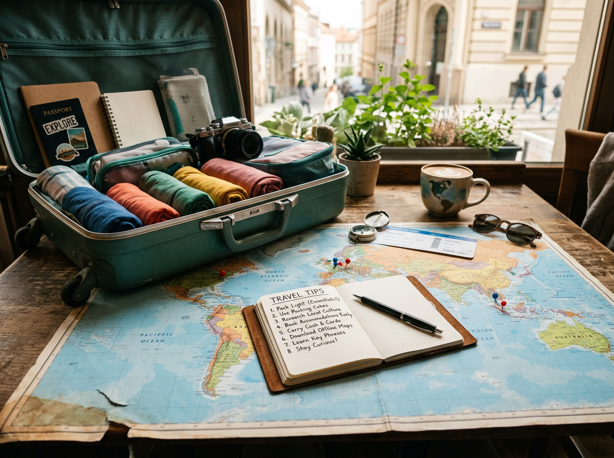 Suitcase packed with clothes, camera, passport, notebook with travel tips, map with pins, compass, coffee cup, sunglasses