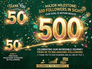 Graphic showing milestones from 50 to 500 followers, thanking supporters and highlighting steps along the journey